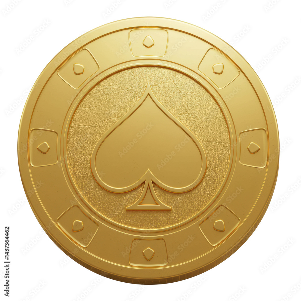 Gold casino chip spade symbol, round embossed texture, luxury gambling token isolated