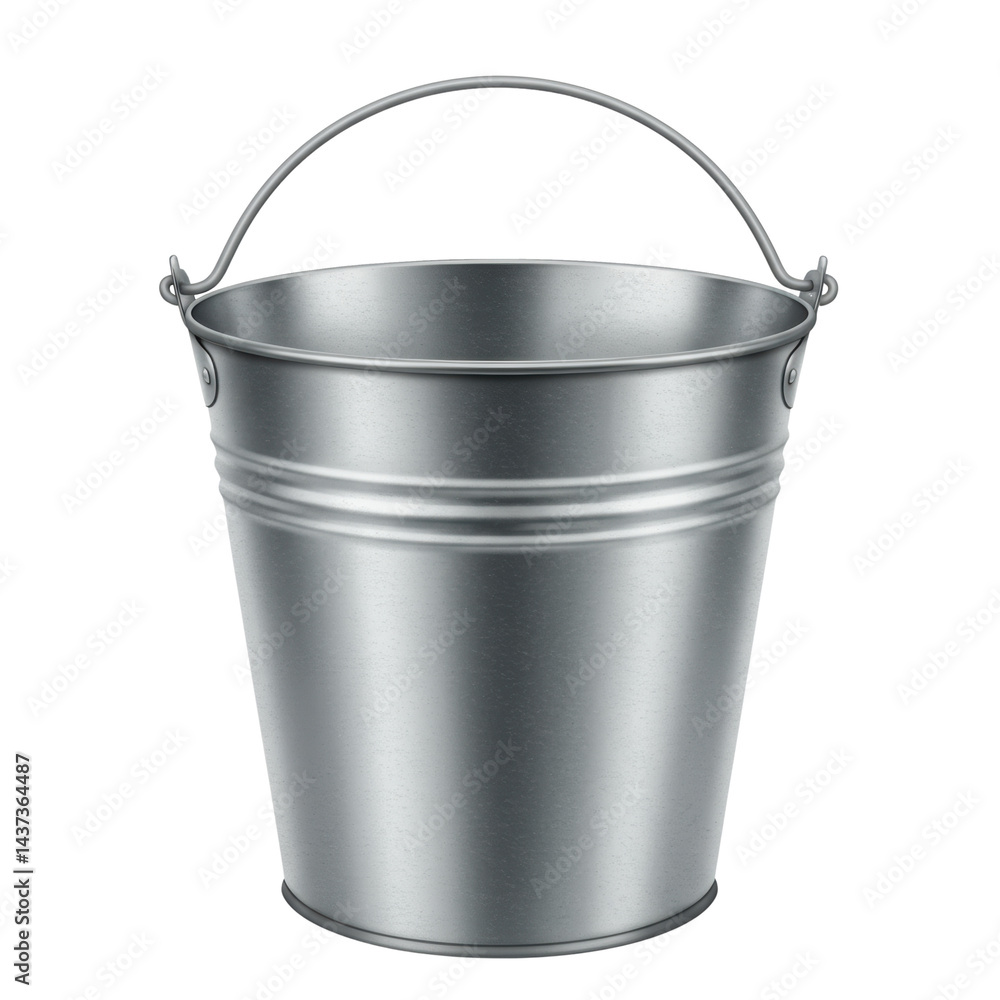 Metal bucket silver empty isolated handle shiny clean simple utilitarian