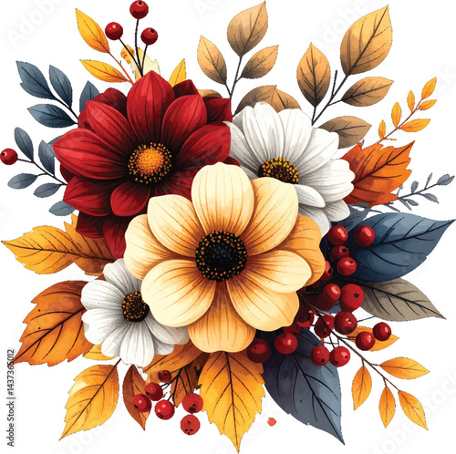 Bright and warm watercolor autumn bouquet with vibrant red, yellow, and white flowers and berries. Seasonal floral arrangement with rich red, yellow, and white blooms, framed by autumn leaves