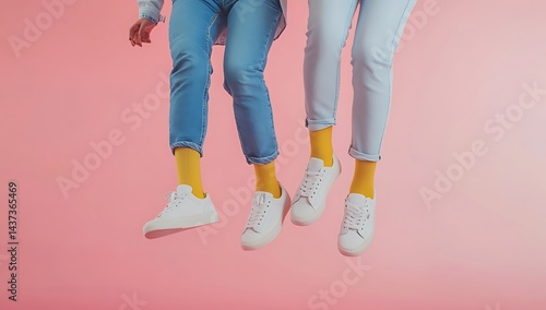 Colorful Fashion Concept with Yellow Socks and White Sneakers on Pink Background