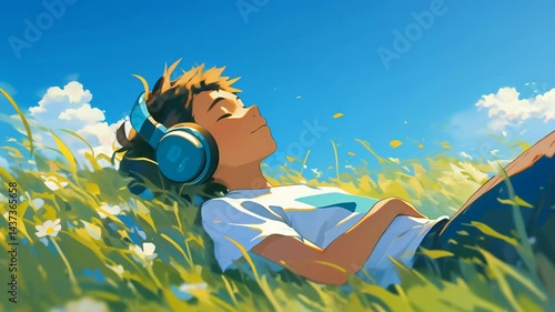 Relaxed Young Anime Boy Enjoying Lo-Fi Music in a Vibrant Outdoors Setting