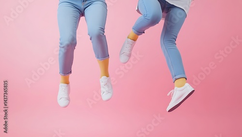 Colorful Fashion Concept with Yellow Socks and White Sneakers on Pink Background