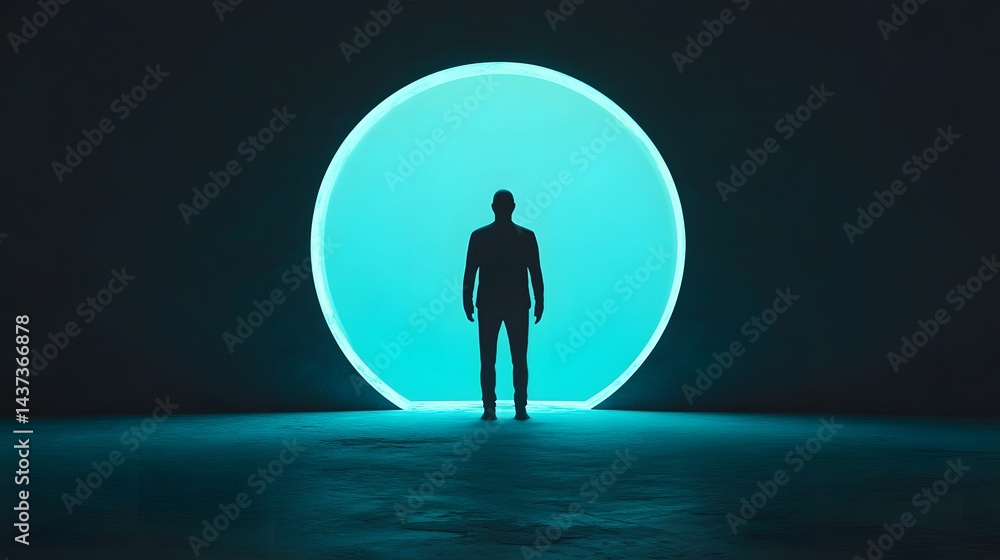 Obraz premium Silhouetted Figure Entering Glowing Portal, Symbolizing Mystery and
