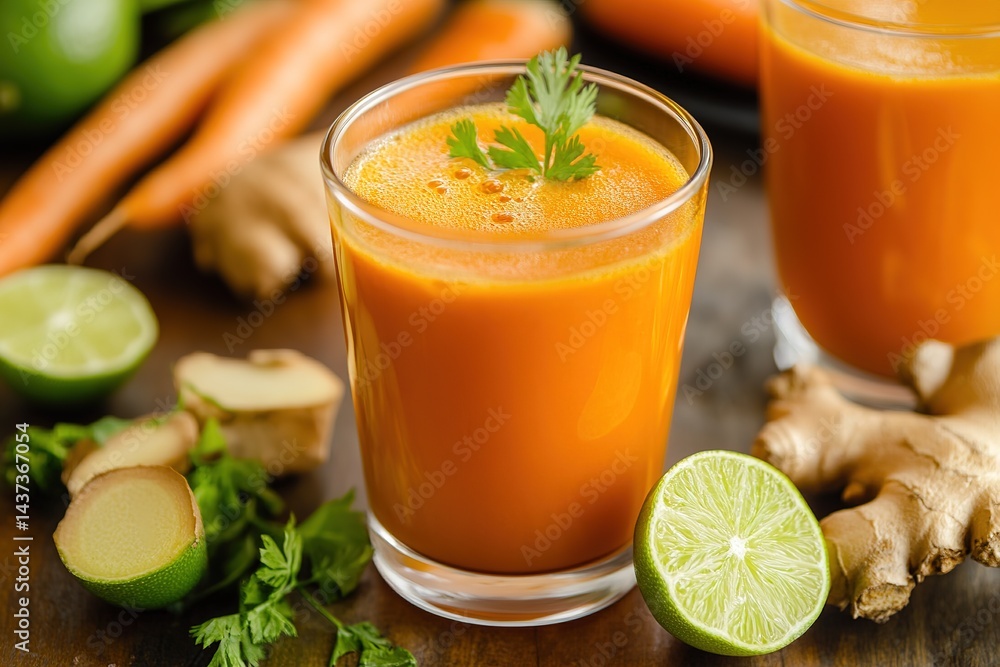 A refreshing cold-pressed carrot juice, with a splash of ginger and fresh lime A refreshing cold-pressed carrot juice, with a splash of ginger and fresh lime