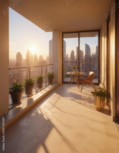 Golden hour sunlight bathes a modern high-rise apartment's spacious balcony and chic interior ,  apartment building,  city view,  sunset