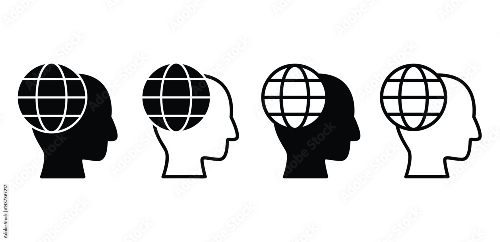 Fototapeta premium Global Thinking Concept Black and White Icon of Human Heads with World Globe Vector Design