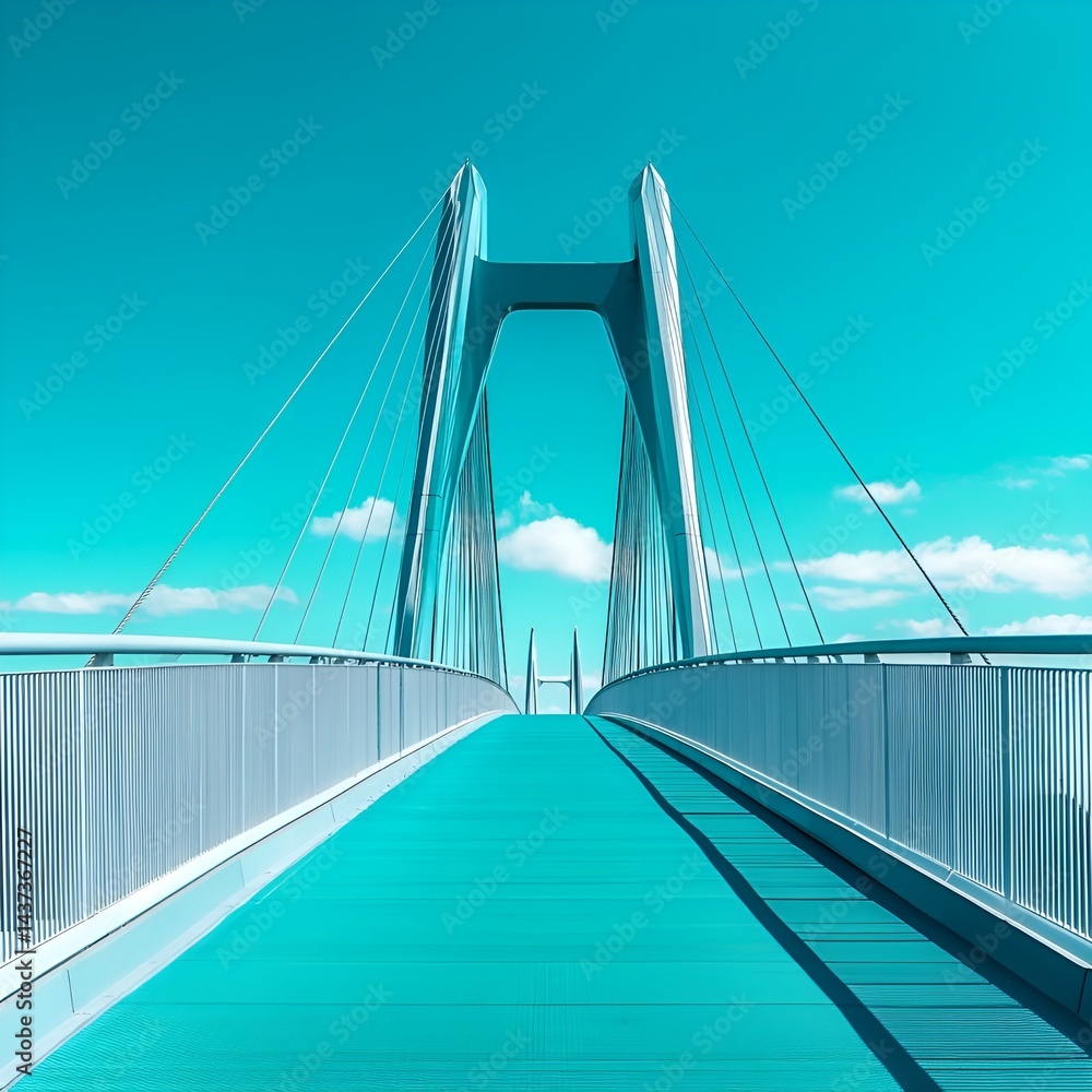Fototapeta premium A modern bridge with a vibrant turquoise background, showcasing clean lines and minimalistic design, perfect for themes of connection, travel, and contemporary infrastructur 