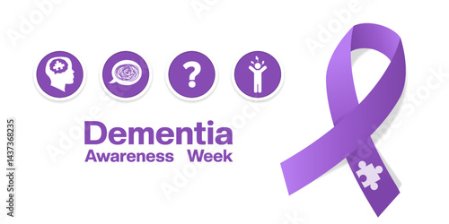 Dementia Awareness Week. Human, message, exclamation mark, people and ribbon. Suitable for posters, banners, social media and more. White background.