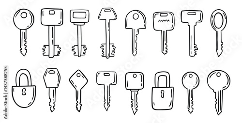 Sketch hand drawn doodle key icon set. Vintage locks and keys. Outline decor security elements collection.