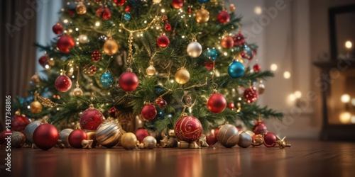 Ornate Christmas tree, vibrant baubles, soft bokeh lights , winter wonderland, merry, magic