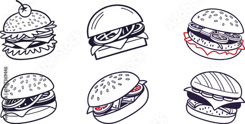 Six Delicious Burger Illustrations Line Art