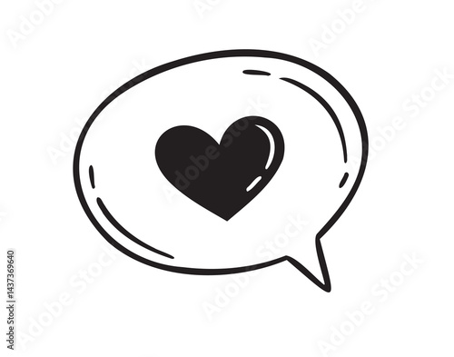Speech bubble with a heart hand drawn line doodle style. Isolated love heart message.