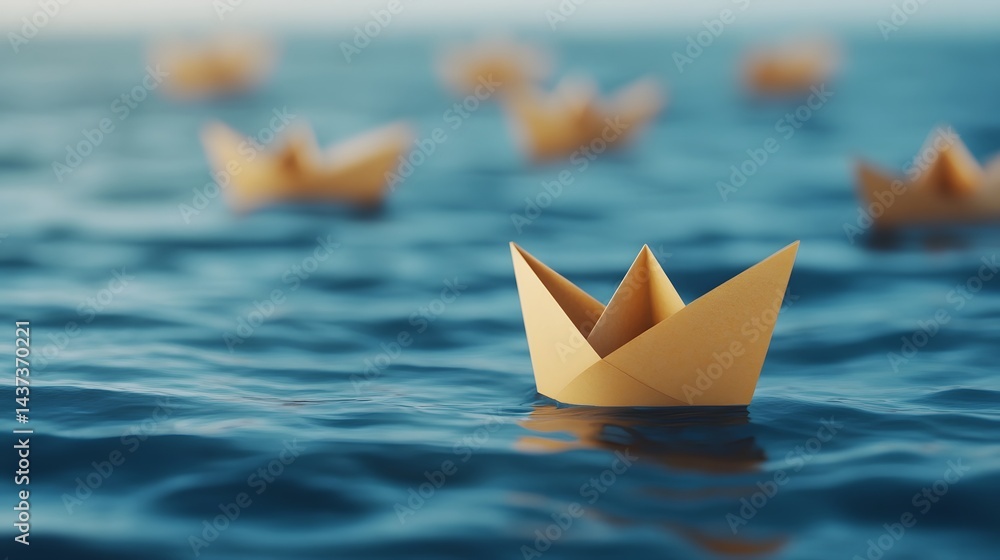 Origami Paper Boats Floating on Tranquil Water, Creativity and Innovation Metaphor Origami Paper Boats Floating on Tranquil Water, Creativity and Innovation Metaphor