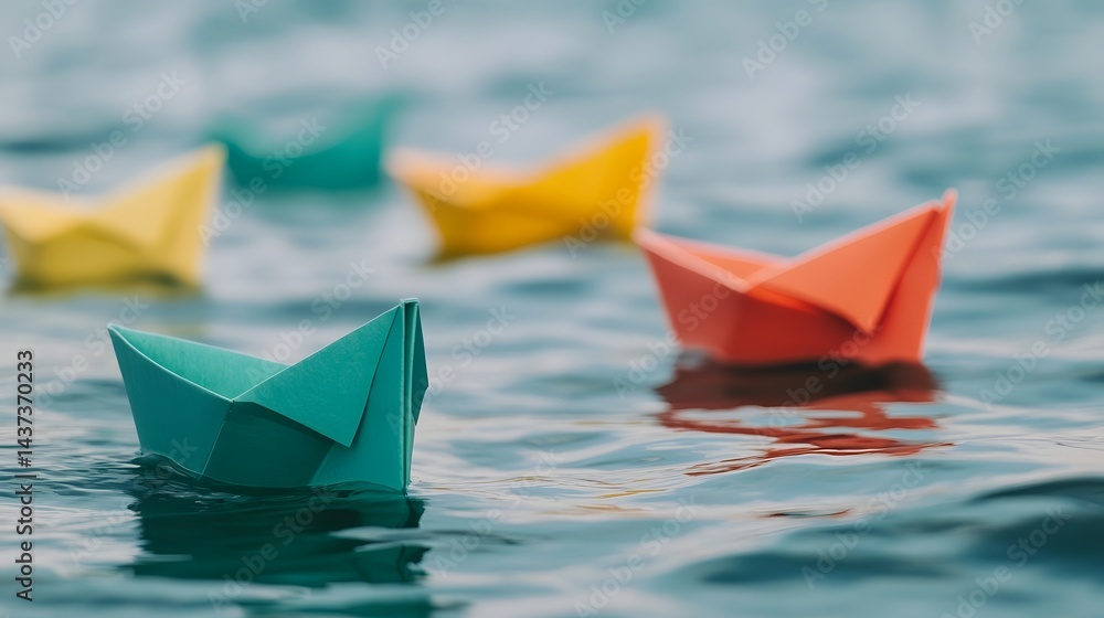 Colorful Paper Boats Floating on Tranquil Water Surface, Creativity and Innovation Metaphor Colorful Paper Boats Floating on Tranquil Water Surface, Creativity and Innovation Metaphor