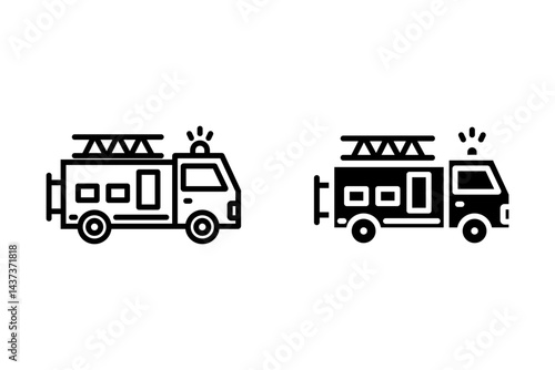 Fire emergency firetruck icon set. Black fire truck with ladder silhouette and line icon.	

