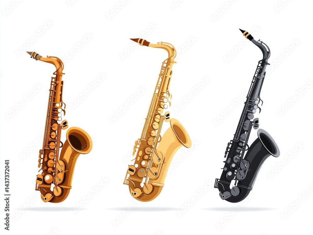 Naklejka premium Three saxophones in various metallic colors