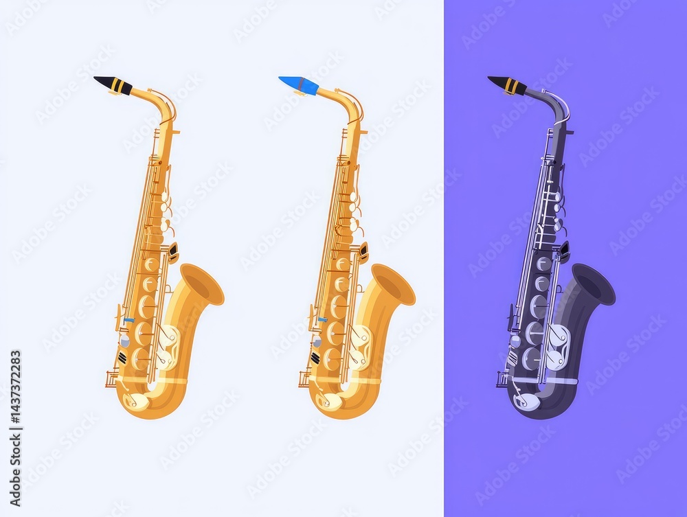 Naklejka premium Three-toned saxophones depicted in profile view
