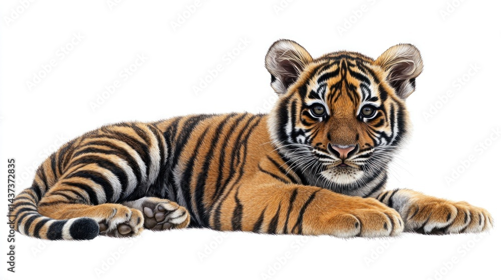 Fototapeta premium Adorable tiger cub, lying down, looking directly at viewer