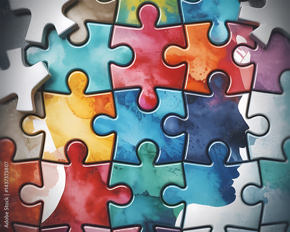 Fototapeta premium A creative illustration showing colorful puzzle pieces in the shape of a human head
