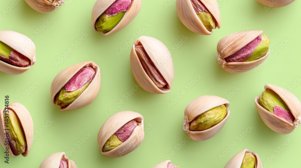 Close up of green and pink colored pistachio nuts. The nuts are arranged in a pattern on a green background Close up of green and pink colored pistachio nuts. The nuts are arranged in a pattern on a green background