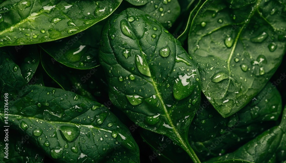 Fototapeta premium Fresh spinach leaves with water droplets