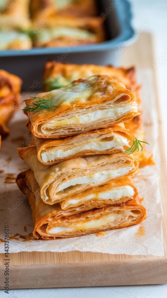 Cheese-filled pastries stacked with red sauce drizzle and dill on gray surface Cheese-filled pastries stacked with red sauce drizzle and dill on gray surface