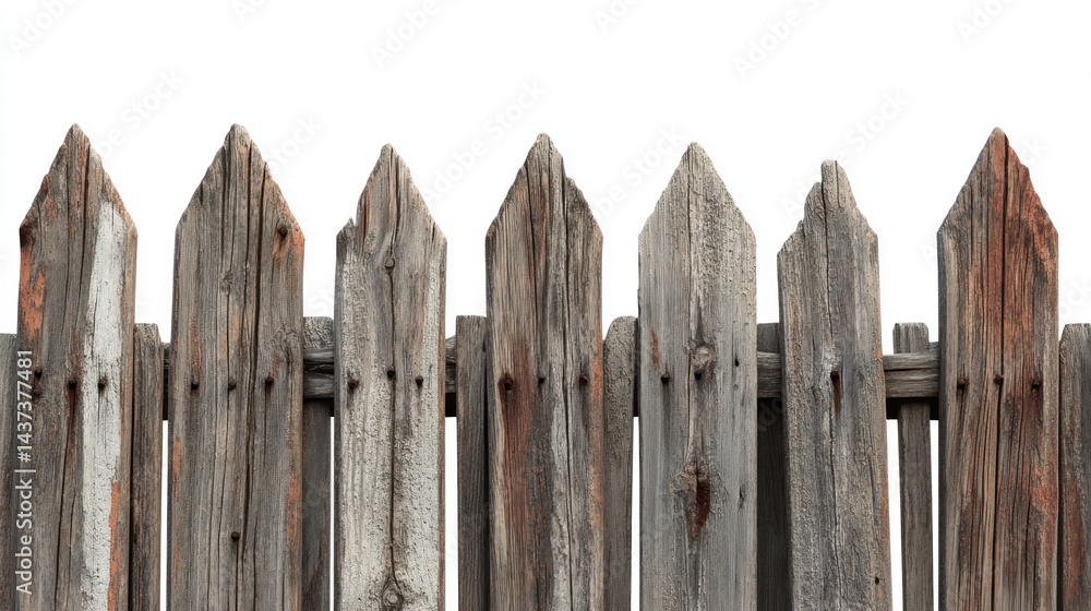 Aged wooden fence with weathered planks and pointed tops Aged wooden fence with weathered planks and pointed tops