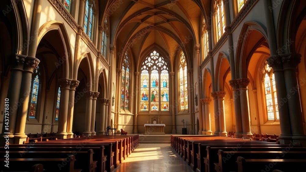 Obraz premium Golden Sunlight Illuminates the Interior of a Grand Church with Stained Glass Windows and Wooden Pews