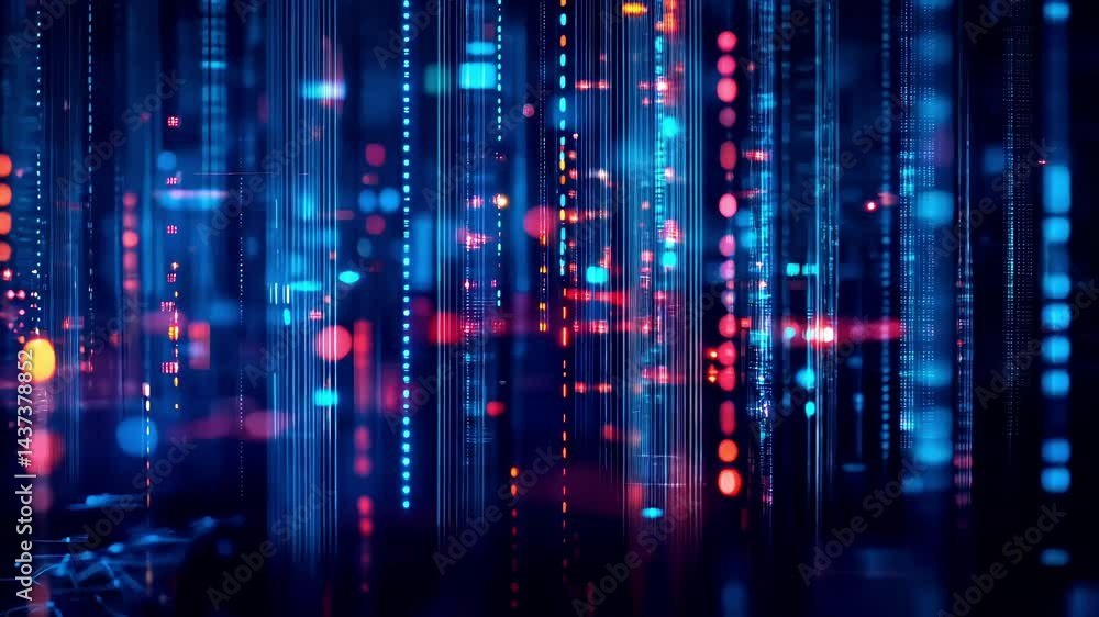 glowing red and blue data stream with orange bokeh in digital motion glowing red and blue data stream with orange bokeh in digital motion