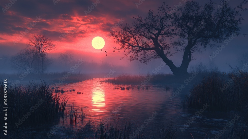Misty Sunrise Over a Still Pond Misty Sunrise Over a Still Pond