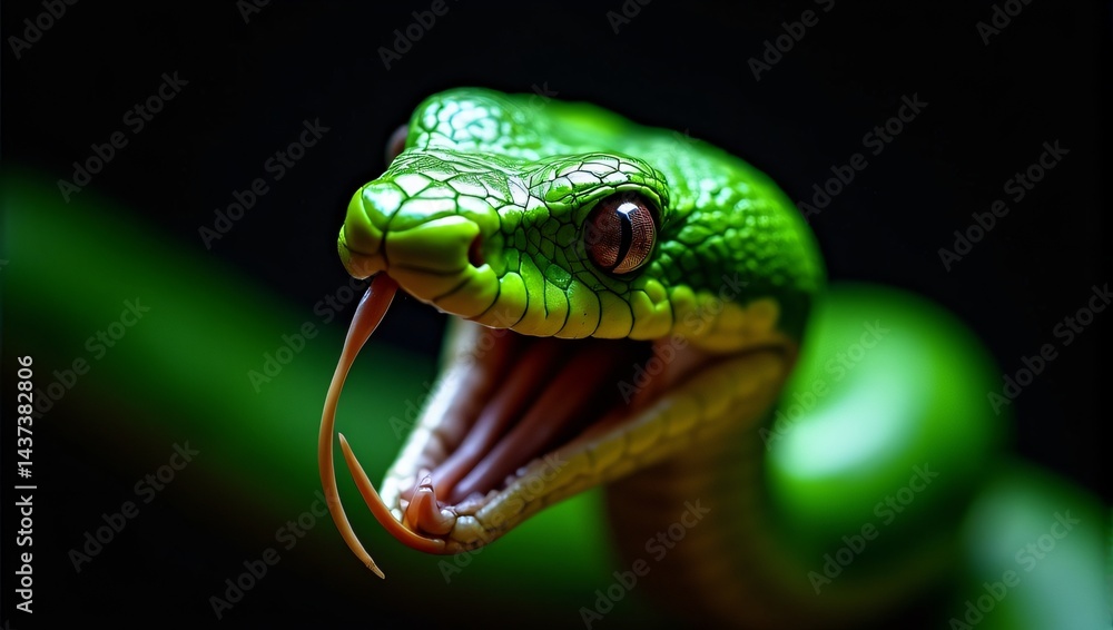 Fototapeta premium Green snake with mouth open aggressively