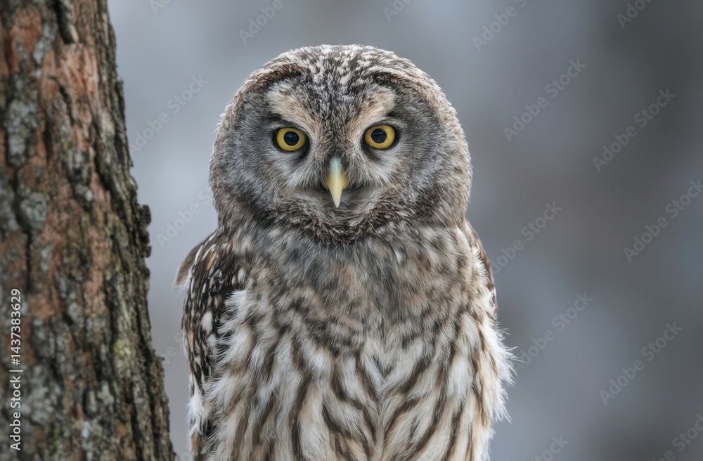 Fototapeta premium portrait of a Northern Hawk Owl perched on a tree branch