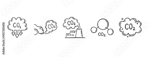 Carbon dioxide CO2 earth air pollution doodle hand drawn icon. Outline drawing CO2 line clipart symbol. Factory emission gas sketch vector illustration