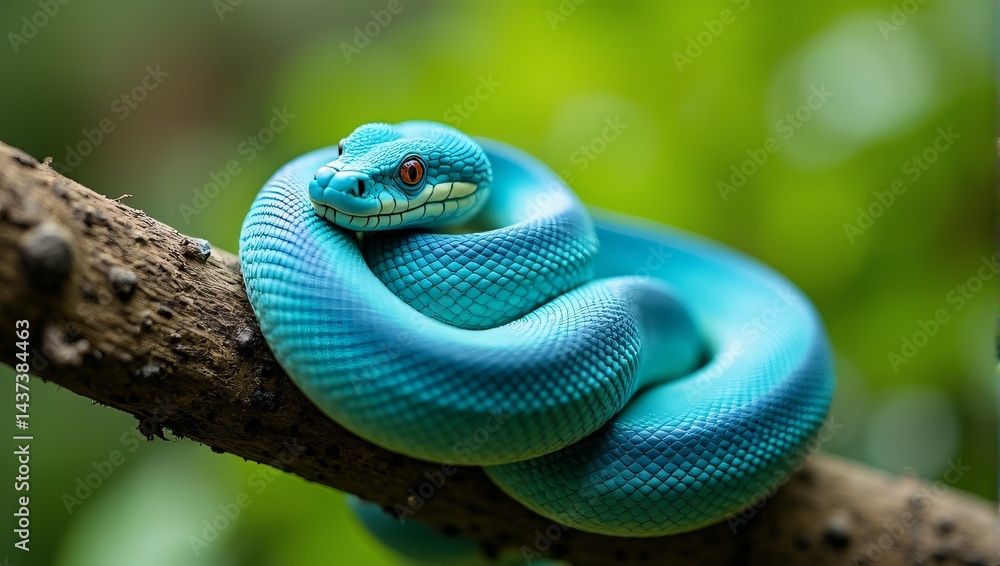 Fototapeta premium Green tree python coiled on branch