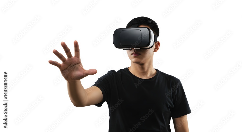 Man wearing vr headset experiencing virtual reality technology and immersive digital world experience Man wearing vr headset experiencing virtual reality technology and immersive digital world experience