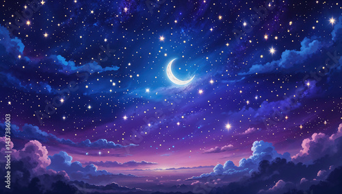 雲の向こうに見える星空と月、夜景