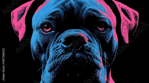 Intense close-up of a brindle dog, stylized in blue and pink