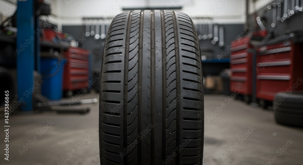 Automotive tire tread design close up for vehicle safety and performance in a mechanic shop setting Automotive tire tread design close up for vehicle safety and performance in a mechanic shop setting