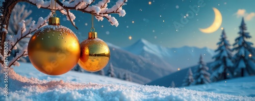 Golden ornaments suspended in mid-air above a snowy landscape with bare trees and a crescent moon, Christmas elements hanging gold isolated background, snow, trees