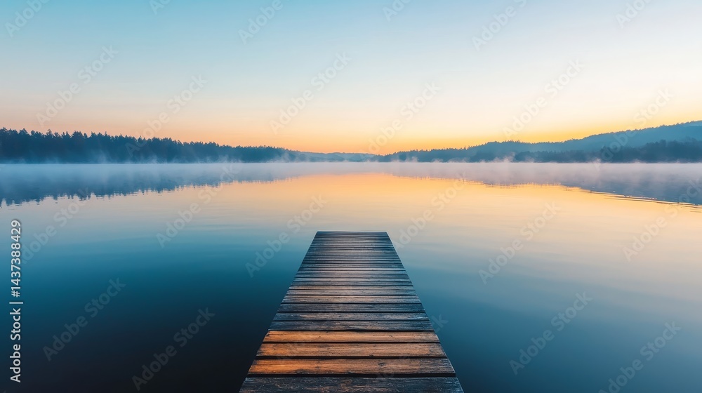 Fototapeta premium Serene lake view with a wooden dock at sunset.