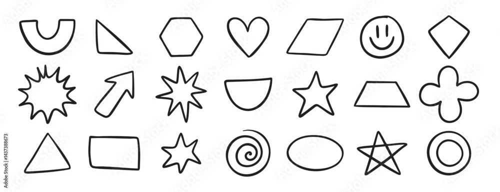 Basic geometric shapes doodle hand drawn icon set. Outline drawing for learning games math flat figure line clipart symbol Basic geometric shapes doodle hand drawn icon set. Outline drawing for learning games math flat figure line clipart symbol