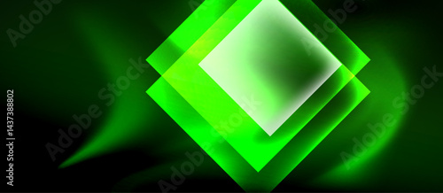 Abstract green shapes overlap, creating luminous diamond effect. Dark background enhances vibrant glow, modern design.