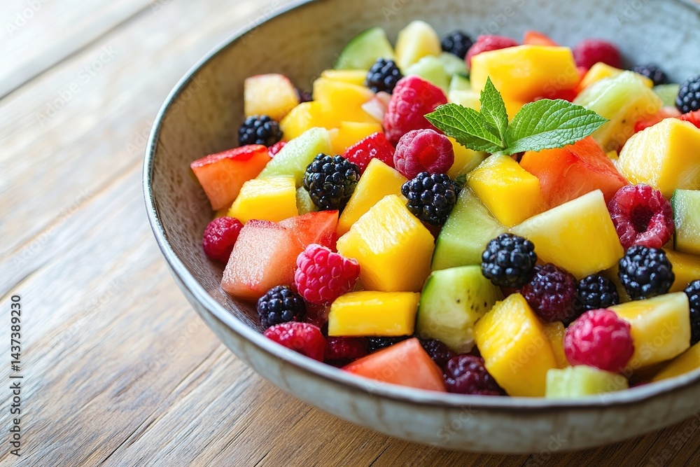A vibrant fruit salad with chunks of melon, mango, berries, and pineapple on a wooden table A vibrant fruit salad with chunks of melon, mango, berries, and pineapple on a wooden table