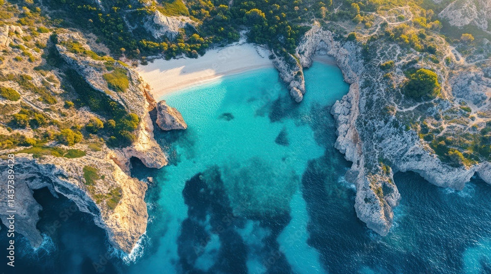 Secluded cove with pristine white sand beach and vibrant turquoise water. Aerial view Secluded cove with pristine white sand beach and vibrant turquoise water. Aerial view