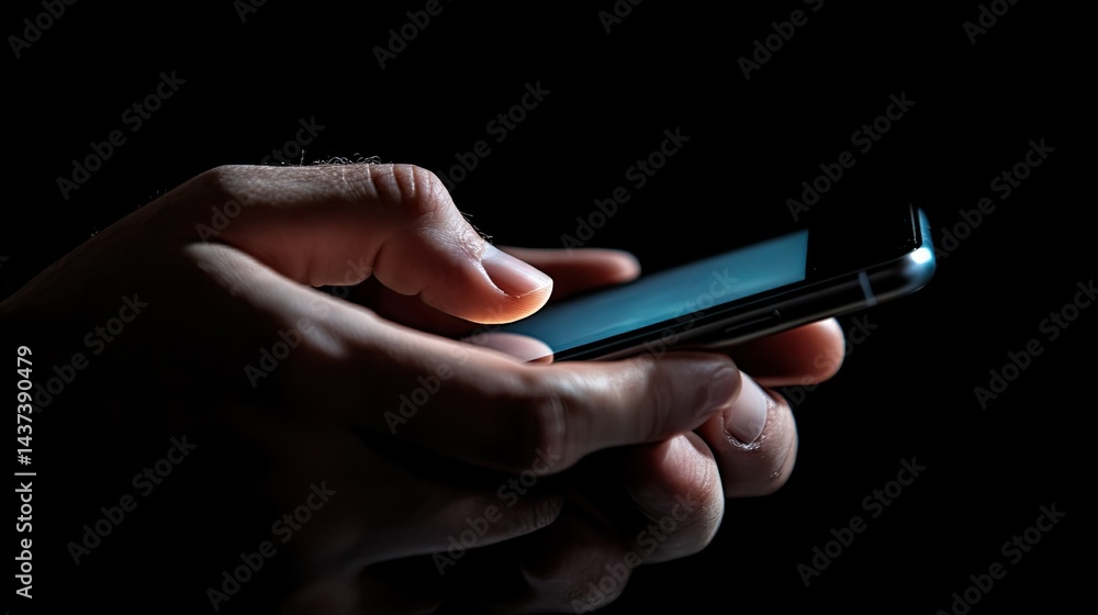 Close-up of a male hand using a mobile phone in a dark room. Close-up of a male hand using a mobile phone in a dark room.