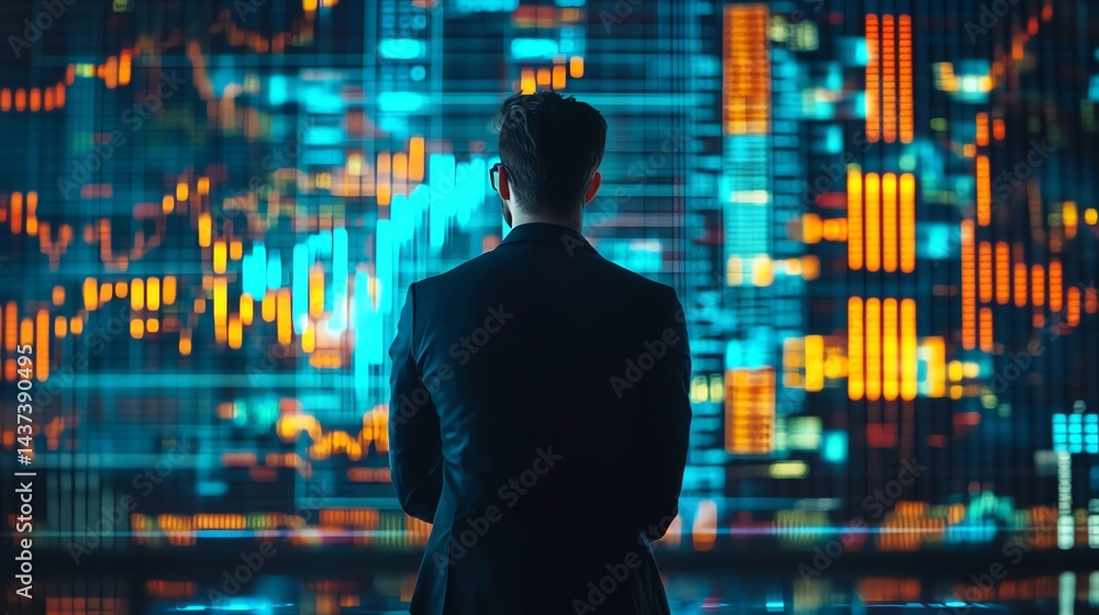 Businessman Contemplating Vibrant Data Streams: A Futuristic Stock Market Visualization Businessman Contemplating Vibrant Data Streams: A Futuristic Stock Market Visualization