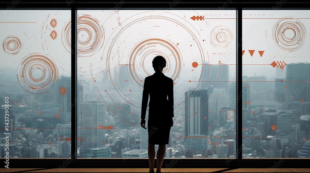 Fototapeta premium Business Strategist at Window Overlooking Urban Cityscape with Overlay