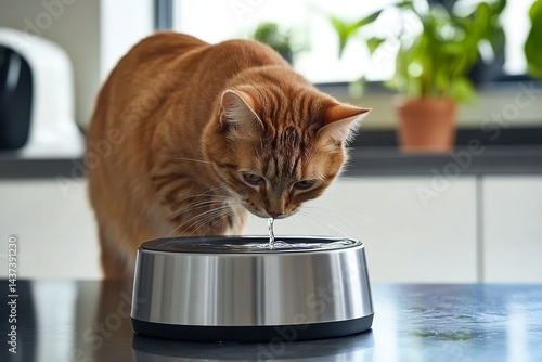 Ginger domestic cat drinking from automatic stainless steel pet water fountain in modern kitchen