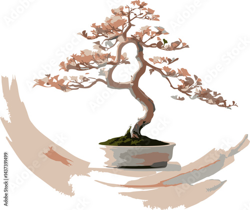 Cherry Bonsai Tree Vector. Serene Bonsai Tree in Minimalist Style Illustration