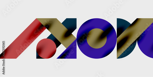 Abstract design features overlapping shapes, bold colors. Letters form partial words, creating dynamic visual impact. Minimalist style.